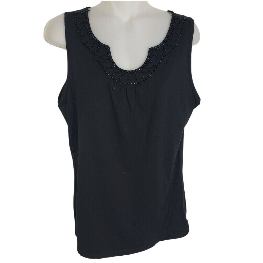 Studio Works Womens Top Tank Sz Medium Black Sleeveless Embellished Knit U Neck